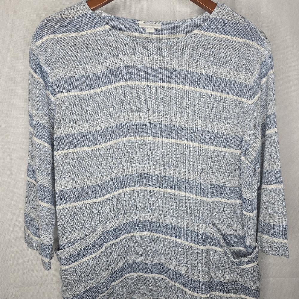 J. Jill Purejill Linen Blend Top Blue White Stripe Pockets Coastal Tunic S